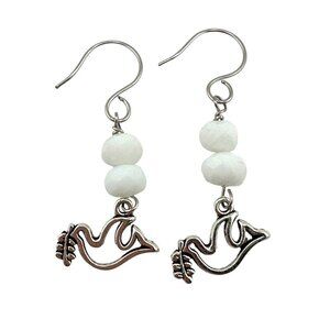 Dove of Peace Dangle Earrings | White Crystal Silver Tone 2" Drop Earrings